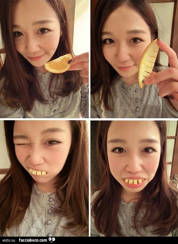 ragazza crea denti buffi con buccia di arancio