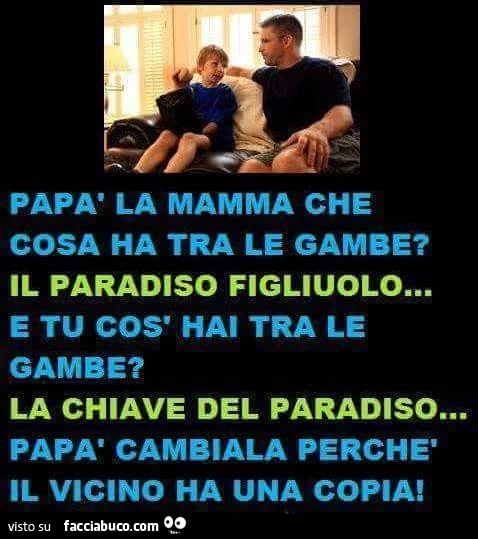 Papà, la mamma che cosa ha tra le gambe? Il paradiso figliuolo. E tu cosa hai tra le gambe? La chiave del paradiso. Papà cambiala perchè il vicino ha una copia