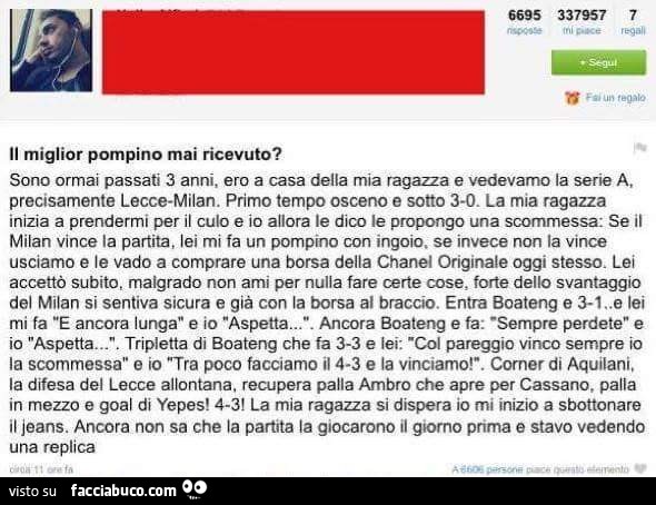 Il miglior pompino mai ricevuto? Ero a casa della mia ragazza e vedevamo la serie A, precisamente Lecce Milan