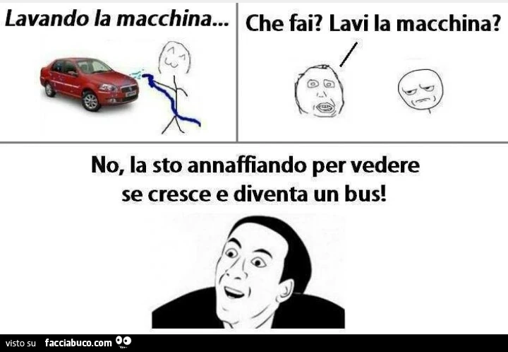 Lavando la macchina. Che fai lavi la macchina? No, la sto annaffiando per vedere se cresce e diventa un bus