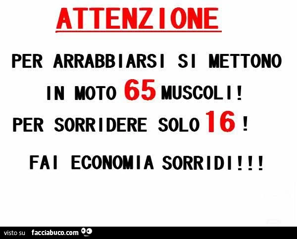 Attenzione, per arrabiarsi si mettono in moto 65 muscoli. Per sorridere solo 16