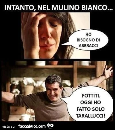 intanto nel mulino bianco: ho bisogno di abbracci! Fottiti, oggi ho fatto solo tarallucci!