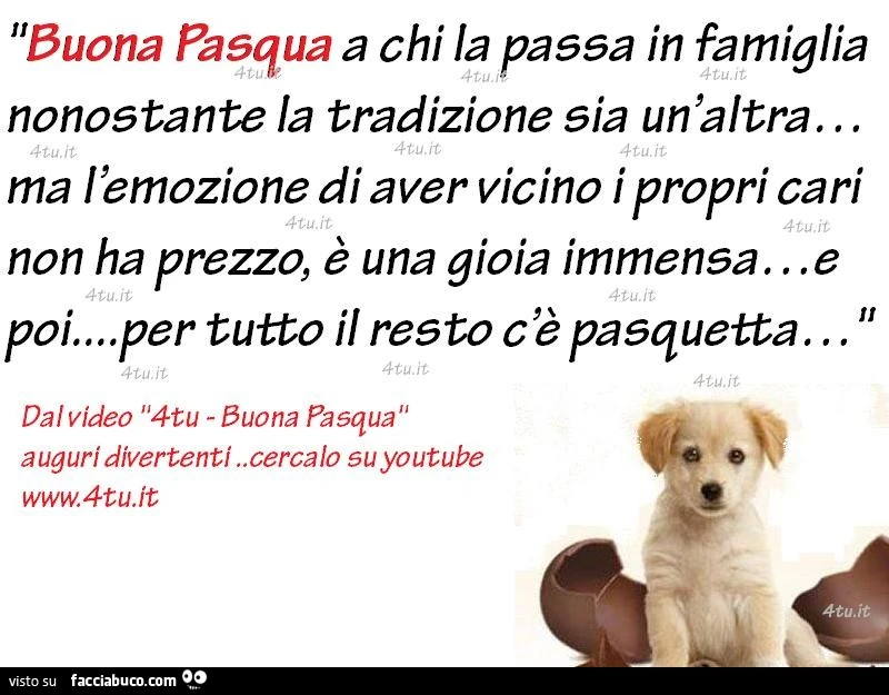 Buona Pasqua a chi la passa in famiglia nonostante la tradizione sia un'altra, ma l'emozione di aver vicino i propri cari non ha prezzo, è una gioia immensa e poi per tutto il resto c'è Pasquetta