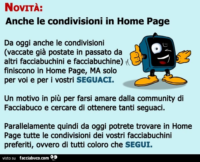 Novità su Facciabuco: Anche le condivisioni in Home Page