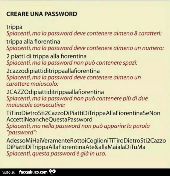 Creare una password. Trippa. Spiacenti, ma la password deve contenere almeno 8 caratteri. 2 piatti di trippa alla fiorentina